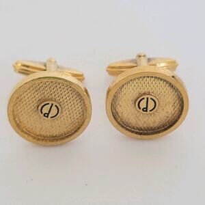 Dunhill D Cufflinks Gold Tone Logo Round Designer Vintage Retro Bullet Back Fair